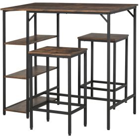 HOMCOM 3-Piece Dining Set Rustic Brown Black Bar Table Stools with Storage Shelf Kitchen Bar Dining