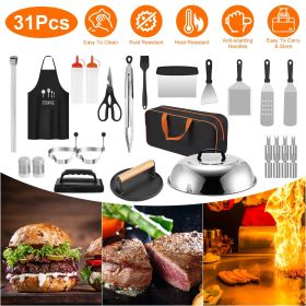 31Pcs Griddle Accessories Kit Flat Top Grill Accessories For Camp Chef with Spatulas Griddle Press Basting Cover Spice Shakers Vegetable Forks Steel S