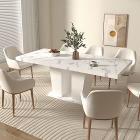 Extendable Dining Room Table for 6-10 Modern White Faux Marble Wooden Expandable Kitchen Table w/Dual Column Pedestal Base