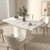 Extendable Dining Room Table for 6-10 Modern White Faux Marble Wooden Expandable Kitchen Table w/Dual Column Pedestal Base
