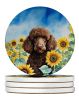 Chocolate Poodle in Sunflowers Large Sandstone Coasters Pack of 4 Absorbent Round Coasters Decor Gifts for Men or Women, 4 in, Multicolor