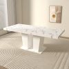 Extendable Dining Room Table for 6-10 Modern White Faux Marble Wooden Expandable Kitchen Table w/Dual Column Pedestal Base