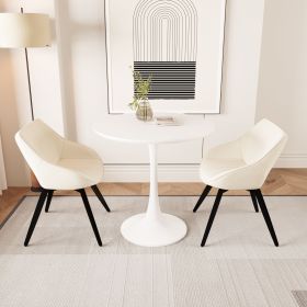 31.5 " walnut color MDF round dining table, tulip dining table, and 2 artificial leather decorative chairs with black metal legs (Color: White+Beige)