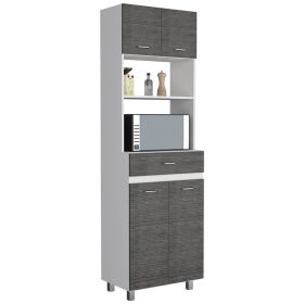 Mucura Microwave Double Door Cabinet, One Drawer, One Shelf For Microwave (Color: Smokey Oak / White)