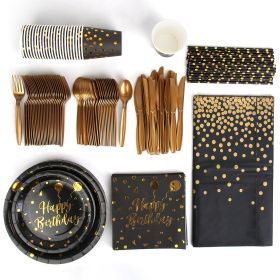 201PCS Black Gold Birthday Party Supplies For 25 Guests Happy Birthday Disposable Dinnerware Set Paper Plates 9OZ Cups Straws Napkins Forks Knives Spo (Type: Dinnerware Set)