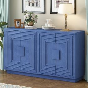 Vintage Distressed 4-Door Sideboard with Adjustable Shelves and Geometric Pattern for Dining Room,Kitchen and Living Room (Color: Navy Blue, Material: Solid Wood+MDF)