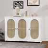 Retro 3-Door Sideboard with Large Storage Space Artificial Rattan Doors and Metal Handles,Accent Cabinet for Living Room and Hallway
