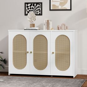 Retro 3-Door Sideboard with Large Storage Space Artificial Rattan Doors and Metal Handles,Accent Cabinet for Living Room and Hallway (Color: White, Material: Particle Board+MDF)