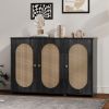 Retro 3-Door Sideboard with Large Storage Space Artificial Rattan Doors and Metal Handles,Accent Cabinet for Living Room and Hallway