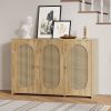 Retro 3-Door Sideboard with Large Storage Space Artificial Rattan Doors and Metal Handles,Accent Cabinet for Living Room and Hallway