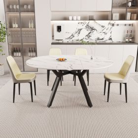47-63" expandable circular dining tables , equipped with 4 PU fabric thick cushioned dining chairs and an elegant and spacious dining table (Color: White+Beige+Grey)