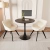 31.5 " walnut color MDF round dining table, tulip dining table, and 2 artificial leather decorative chairs with black metal legs