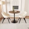 31.5 " walnut color MDF round dining table, tulip dining table, and 2 artificial leather decorative chairs with black metal legs
