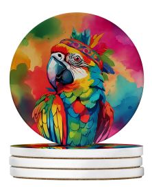 Hippie Animal Parrot Large Sandstone Coasters Pack of 4 Absorbent Round Coasters Decor Gifts for Men or Women, 4 in, Multicolor (Default: Default)