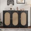 Retro 3-Door Sideboard with Large Storage Space Artificial Rattan Doors and Metal Handles,Accent Cabinet for Living Room and Hallway