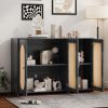 Retro 3-Door Sideboard with Large Storage Space Artificial Rattan Doors and Metal Handles,Accent Cabinet for Living Room and Hallway