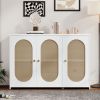 Retro 3-Door Sideboard with Large Storage Space Artificial Rattan Doors and Metal Handles,Accent Cabinet for Living Room and Hallway