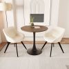 31.5 " walnut color MDF round dining table, tulip dining table, and 2 artificial leather decorative chairs with black metal legs