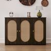 Retro 3-Door Sideboard with Large Storage Space Artificial Rattan Doors and Metal Handles,Accent Cabinet for Living Room and Hallway